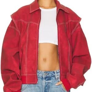 Red Leather Lioness Bomber Jacket